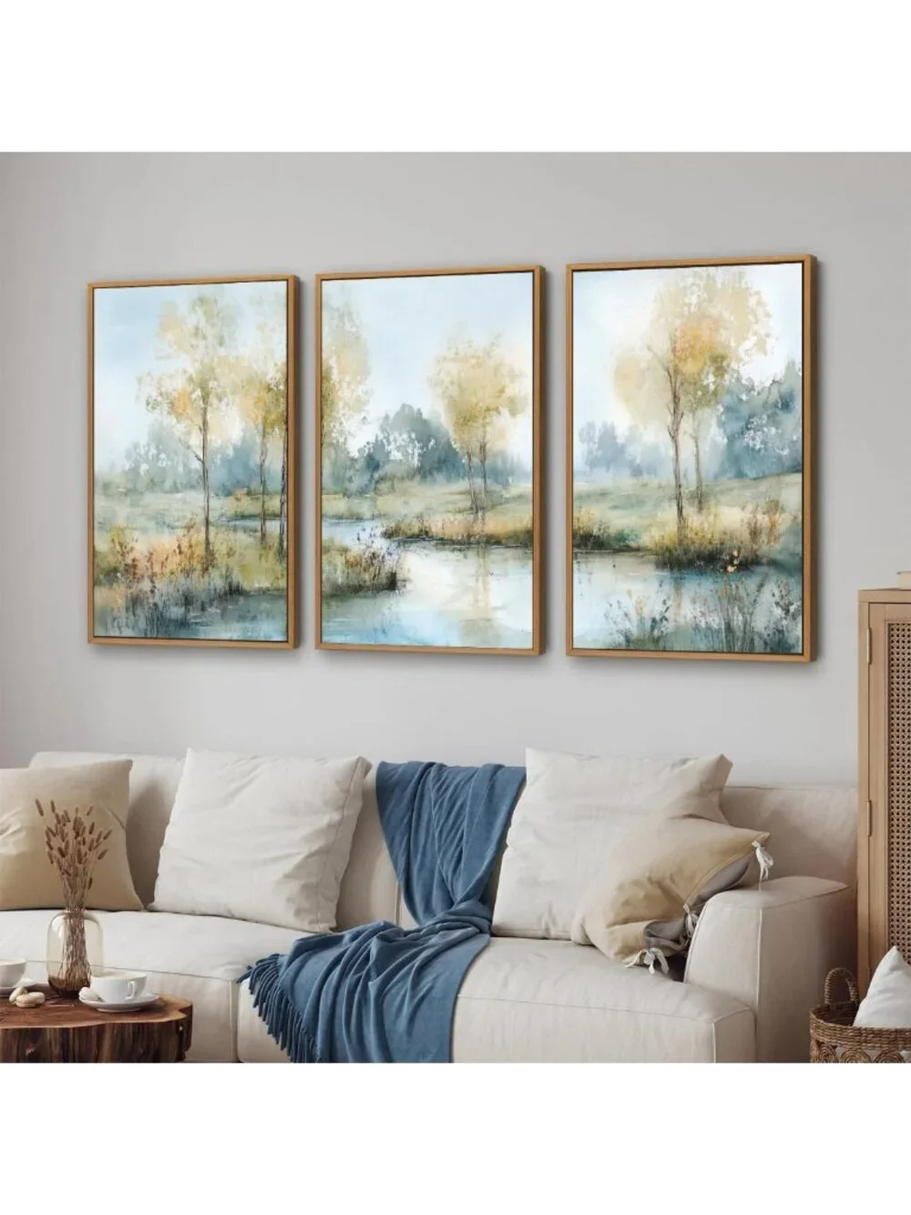 Large Vintage Neutral Nature Framed Canvas Wall Art - Mid Century Modern Decor